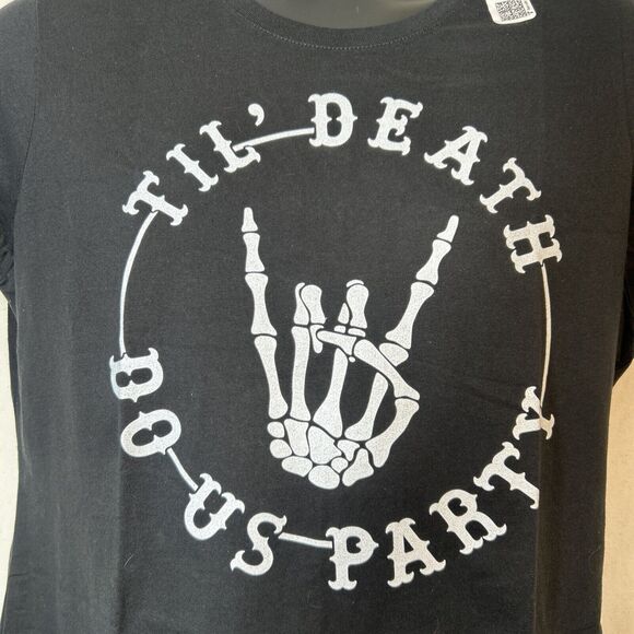 Till Death Do Us Party Skeleton Hand Bachelorette T-Shirt Large Black - Picture 3 of 5